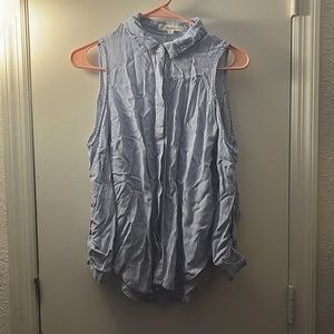 Off the shoulder white and light blue striped long sleeve blouse